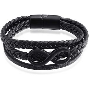 Kal-Bracelet Tissé En Cuir Multicouche Pour Homme, Bracelets En Acier Inoxydable Avec Symbole Infini, Boucle Magnétique Noir En Acier Inoxydable, Noir, Cadeau De Noël Ou D'anniversaire - Neuf