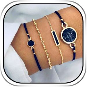 Kalsw-Lot De 4 Bracelets Boh&egrave;mes Superpos&eacute;s En Cristal Noir Avec Perles Dor&eacute;es Et Cha&icirc;ne De Main Empilables Faits &Agrave; La Main Pour Femmes Et Filles - Neuf