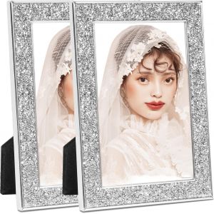 Cmwx-Lot De 2 Cadres Photo À Paillettes - En Verre - Argenté - Transparent - Pour Plateau De Table - Horizontal Ou Vertical - Cadre Photo Décoratif Pour Salon, Chambre À Coucher Et Bureau - Neuf