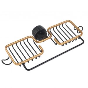 HJLIAN Etagere de rangement pour robinet en aluminium et plastique, deux bacs avec porte-serviettes pour eponge, chiffon, cuisine, salle de bain, noir et or - Neuf