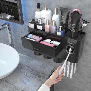 Porte-Brosses À Dents Pour Rangement De Salle De Bain,Support Mural À 3 Tasses Avec Distributeur Automatique De Dentifrice,Grande Capacité,Ensemble D'accessoires De Salle De Bain - Neuf
