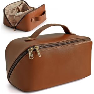 MAA-Grande trousse de maquillage de voyage avec poignée,Portable à fermeture éclair,Trousse de toilette avec compartiments pour femmes et filles, marron, 25.00x12.00x12.00cm, Trousse de maquillage - Neuf