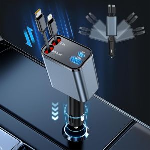 CHECARZHN--NO1-Chargeur De Voiture Rétractable 69 W,Chargeur Téléphone 4 En 1, Allume Cigare Usb Avec Câble Charge Rapide De 80Cm 2Ports Usb, Adaptateur De Chargeur De Voiture Pour Iphone/Ipad/Samsung/Goog - Neuf