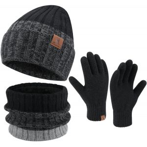 Jexnovashop-Lot De Gants D'hiver En Tricot Pour Homme - Avec Bonnet, &Eacute;charpe Et Gants Pour &Eacute;cran Tactile - Chaud - Avec Doublure En Polaire - Neuf