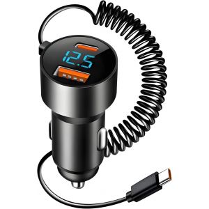 JGD-Chargeur de Voiture Charge Rapide 100W, Chargeur Voiture USB C, Prise Allume Cigare avec 1Port USB-C PD + 1Port USB-A QC3.0, Adaptateur Allume Cigare Prise Secteur avec C&acirc;ble Spirale 1.5m - Neuf
