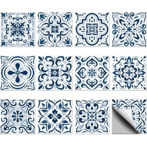 Eryi-36 Pièces 10x10cm Autocollants Carrelage Mural Céramique Bleu Et Blanc Autocollants De Carreaux Muraux Étanche Imperméables Décoratifs Autocollants Pour Cuisine Salle De Bains Table Bureau - Neuf