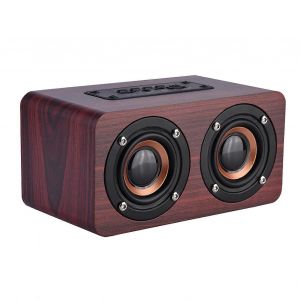 Mini haut-parleur Bluetooth portable en bois Haut-parleurs stéréo sans fil avec 2 cornes en bois rouge - Neuf