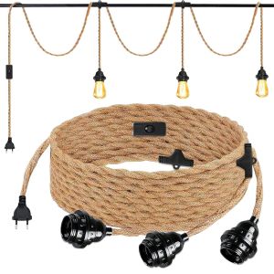Subzonal-Lustre Corde De Chanvre Vintage Cable 6.8m, Suspension Luminaire Avec Interrupteur Et 3 Paires De Douilles E27, Diy Lampe Suspension Lumi&egrave;re Pendante Industrielle Lustre, Lampe Sans Ampoule - Neuf