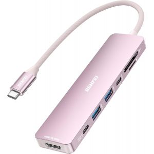 Hub USB C 7-en-1 avec HDMI(4K@60Hz), 2 USB-A, 1 USB-C Data, 100W de Charge, Lecteur de Carte SD/TF, câble en Silicone sans enchevêtrement Compatible avec MacBook Pro/Air, iPad Pro, iMac¿Pink - Neuf