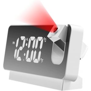 KAL-Réveil Numérique À Projection Avec Grand Écran Lcd, Date, Température, Rechargeable Par Usb, Avec Projecteur (Blanc) - Neuf