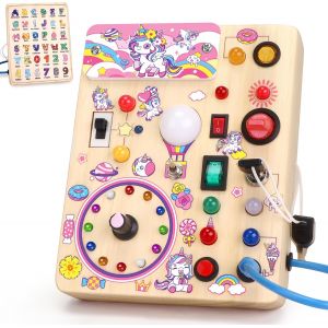 ERYI-Licorne Montessori Busy Board 1 An Enfants Activity Board Jouets En Bois Avec 10 Interrupteurs 23 Lumières Led Jouets Sensory Learning Toys Jeux Montessori Jouet Enfant Bebe 1 2 3 Ans Cadeau Enf - Neuf