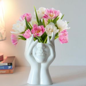 Vase Blanc Céramique en Forme de Visage-Pampa,pour Fleurs Fraîches & Bouquet-Déco d'Intérieur Moderne Statue Idéal pour Offrir-H18 cm x L9 cm - Neuf