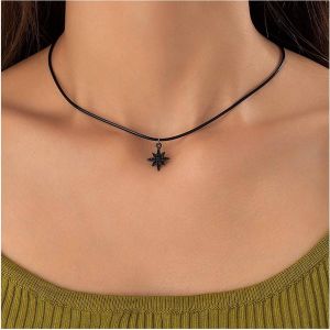 Kal-Collier Pendentif Étoile Noire Bohème Ras Du Cou En Cuir Punk - Chaîne Bijoux Pour Femmes Et Filles Cadeaux - Neuf