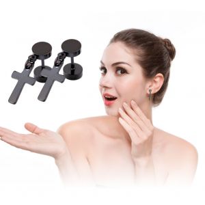 1 Paire De Boucles D'oreilles Elegantes En Acier Titane Pour Hommes Et Femmes, En Forme De Croix (Noir) - Neuf