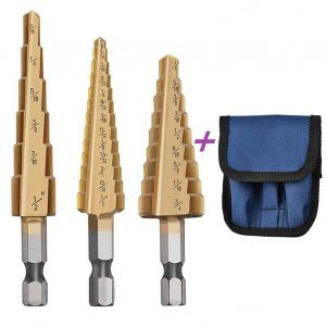 XYONG Foret etage 3 pieces HSS imperial avec revetement Ti, tige hexagonale rainuree, avec sac en tissu, systeme britannique - Neuf