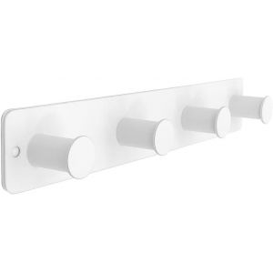 Pat&egrave;re &agrave; crochets en acier inoxydable - Crochet mural autocollant et vis - Porte-manteau en m&eacute;tal avec 4 crochets - Blanc - Pour vestes, &eacute;charpes, sacs &agrave; main, porte-serviettes - Neuf