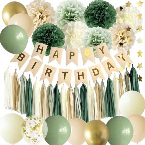 MEVRONISSHOP-D&eacute;corations d'anniversaire vert sauge, ballons verts, guirlandes, banni&egrave;res, pompons en tissu, parfaits pour les f&ecirc;tes d'anniversaire de filles et femmes - Neuf