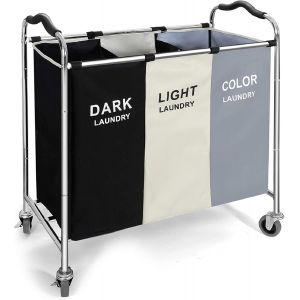 CHECARZHN--NO1-Grand Panier À Linge 240 L, 3 Compartiments Sur Roulettes, Panier À Linge Avec Sac À Linge Amovible Et Roues Verrouillables, Cadre En Acier Inoxydable Pour La Maison, L'Hôtel - Neuf
