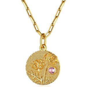 Kal-Collier Femme Plaqué Or Personnalisé Pendentif Médaille Ronde Orné De Motif Fleur En Relief Et Pierre De Naissance Synthétique, Bijoux D'anniversaire - Neuf