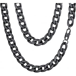 Kal-Cha&icirc;ne Cubaine Homme,Collier Grosse Maille Plate &Eacute;paisseur 5mm/9mm/12mm En Acier Inoxydable/Dor&eacute;/Noir,Longeur 45/50/55/60/65/70/75cm,Bijoux Hip Hop Chunky Cadeau Pour Anniversaire No&euml;l - Neuf
