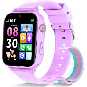 JGD-Montre Connect&eacute;e Enfant 4G GPS, Smartwatch T&eacute;l&eacute;phone pour Filles Gar&ccedil;ons avec Appel Vid&eacute;o SOS Podom&egrave;tre Mode Classe, Montre Cadeau pour Enfants 5-12 Ans (Violet) - Neuf