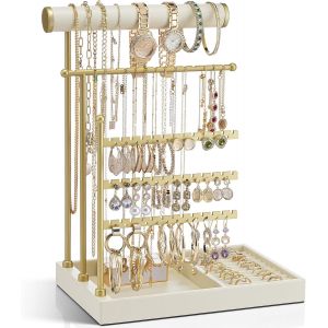 Présentoir À Bijoux Avec Porte-Bagues, Organisateur De Coiffeuse Avec Étagère, Rangement De Bijoux, Porte-Collier, Support De Décoration De Chambre, Porte-Boucles D'oreilles, Beige - Neuf