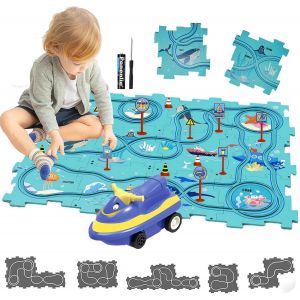 MDY-Circuit Voiture Enfant Petites Jouet pour Enfants DIY Piste de Puzzle Itinéraire Jeu éducatif Cadeaux Jeux Enfants 2 3 4 5 6 Ans (Océan) - Neuf