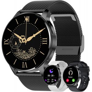 Montre Connectée Femme Homme Écran 1,34"" Hd Étanche Smartwatch Ronde Avec Appel Bluetooth Podometre Marche Sommeil Cardiofrequencemetre Menstruel Cycle Cadeau- Android Ios [3 Bracelets] - Neuf