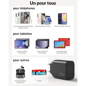 25w Usb C Chargeur Rapide Pour Samsung Galaxy S25 Ultra S24 S23 S22 S21 Plus Fe 5g S20 A55 A54 A53 A52 A51 A35 A25,Note 20 10,Tab S9 S8,Usbc Pd Adaptateur Secteur Prise + 2m Type C C&acirc;ble 2-Pack - Neuf