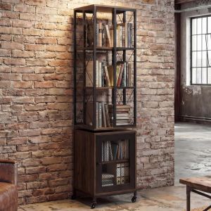 Biblioth&egrave;que HWC-P13, &eacute;tag&egrave;re sur pied, &eacute;tag&egrave;re pivotante, roulettes pivotantes, porte, m&eacute;tal industriel m&eacute;lamin&eacute; MVG 162x40x42cmbrun fonc&eacute; - Neuf