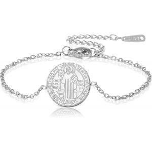 Eryi-Bracelet Saint Benoît En Acier Inoxydable Pendentif Saint Benoît Croix Jésus Religieux Catholique Amulette De Force Paix Prière Bijoux Pour Femmes Hommes - Neuf