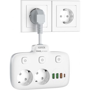 Multiprise avec Interrupteur Individuel, 2 Prises AC, 1 Charge Rapide USB-C PD 20W et 3 USB-A QC 18W, Multiprise Electrique Adaptateur Prise USB Multiprise Murale C&acirc;ble Court pour Maison, Bureau - Neuf