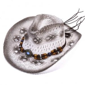 Chapeau De Cowboy En Paille Innovant 2025 Pour Homme Et Femme, Chapeau De Soleil Respirant &Agrave; Large Bord Avec Bordure Perl&eacute;e, Style Occidental, Pour L'ext&eacute;rieur, La Plage, Les Voyages - Neuf