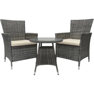 Ensemble De Jardin Ext&eacute;rieur 3 Pi&egrave;ces 2 Fauteuils R&eacute;sine Tress&eacute;e Gris Chin&eacute; Et Table Ronde En Verre 10_0007921 - Neuf