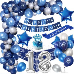 TRAHOO-18 Ans Décoration Anniversaire Garçons Chrome Bleu Argent,Royal Bleu Ballons Arch Kit avec Joyeux Anniversaire Bannière Cake Topper Nappe Birthday Sash Grand Ballon Numéro 18 - Neuf