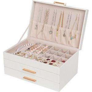 Boite A Bijoux Femme, Boite À Bijoux Avec 2 Tiroirs, 3 Niveaux Grande Boîte À Bijoux Pour Colliers, Bagues, Boucles D'Oreilles, Bracelets, Idée Cadeau, Style Moderne (Blanc) - Neuf