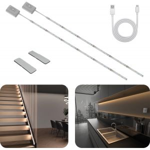 Ruban Led Chambre A Pile,2000mah 2 Pcs Bande Leds Murale Avec Detecteur Mouvement,3 Températures De Couleur,Lumiere Led Rechargeable Usb,Bandeau À Led Pour Cuisine,Tv,Meuble,Escalier - Neuf