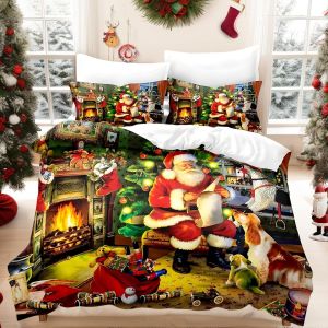 Sjzg-Housse De Couette No&euml;l 200x200cm, 3d Christmas Ensemble De Draps De Lit Avec 2 Taies D'oreiller, P&egrave;re Noel, Arbre De No&euml;l, Cerfs, Pour Les Enfants Adolescents (A, 200x200cm) - Neuf