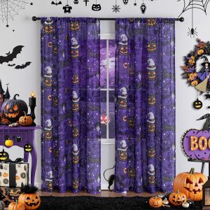 Rideaux Halloween Salon Chambre 84 Pouces Longueur Filtrage Lumiere Decor Effrayant 2 Panneaux W52 Violet - Neuf