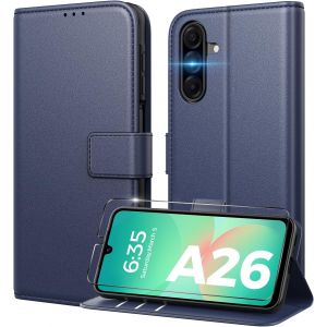KAL-Coque Pour Samsung Galaxy A26 5G Verre Tremp&eacute; Protection *1 Blocage Du Signal Rfid Premium Pu Pochette De Portefeuille Etui &Agrave; Rabat Pour Samsung Galaxy A26-Bleu - Neuf