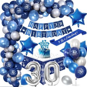 AYUHR-80 Ans Décoration Anniversaire Homme Chrome Bleu Argent,Royal Bleu Ballons Arch Kit avec Joyeux Anniversaire Bannière Cake Topper Nappe Birthday Sash Grand Ballon Numéro 80 - Neuf