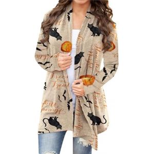 Cardigan D'halloween À Manches Longues Et Devant Ouvert Pour Femme, Motif Chat Et Citrouille - Neuf