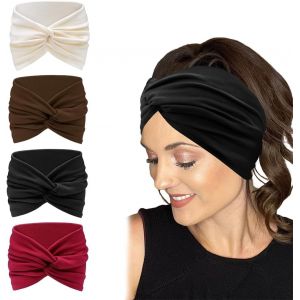 Bandeaux Mode Pour Femmes Lot De 4 Bandeaux &Eacute;lastiques Torsad&eacute;s Larges Pour Femmes, Bandeaux R&eacute;tro Doux, Bandeaux De Sport, De Yoga, Accessoires Pour Cheveux Pour Filles - Neuf