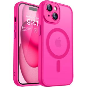 JGD-Coque Magn&eacute;tique pour iPhone 15 Plus 6,7 Pouces, Compatible avec MagSafe, [Protection Compl&egrave;te de l'appareil Photo] Fond Mat Translucide, Rose Vif - Neuf