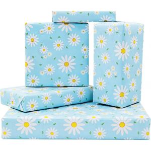 Marguerite Blanche Et Jaune Florale Avec Des Feuilles Vertes Sur Papier Cadeau Bleu Avec Ruban ,4 Feuilles Papier Cadeau Fleur Pour Anniversaire ,F&ecirc;te Pr&eacute;natale ,Mariage ,Vacances ,Bapt&ecirc;me - Neuf