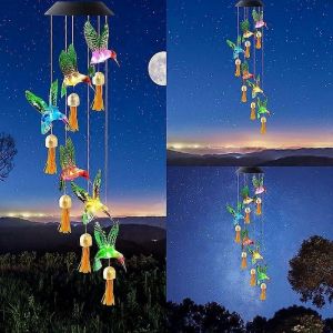 Carillon éolien solaire Colibri suspendu extérieur étanche avec lumières LED changeant de couleur de voiture pour patio,porche,jardin ou arrière-cour - Neuf