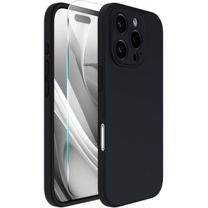 LORANKA-pour iPhone 16 Pro Coque, Cover Silicone Liquide de Haute Qualit&eacute; pour iPhone 16 Pro(6.3"") avec 1 Verre tremp&eacute;, Protection 360&deg;, Doublure en Microfibre Antichoc Case-Noir - Neuf