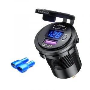 Bleu 12v/24v Usb Chargeur De Voiture Prise Qc3.0 Pd Rapide De La Puissance De Charge Adaptateur De Prise De Courant Avec Un Voltmètre Pour La Voiture De Marine Camion, Bateau, Moto - Neuf