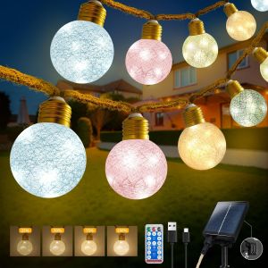 Jgd-Guirlande Lumineuse Solaire D'ext&eacute;rieur, 6 M/16 Led, En Coton, Avec T&eacute;l&eacute;commande, 8 Modes, R&eacute;sistante Aux Intemp&eacute;ries, Pour D&eacute;coration De Balcon, Jardin, Terrasse - Neuf