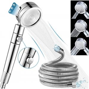 KAL-Pommeau De Douche Avec Tuyau 2M, Pommeau Douche Haute Pression Réglable À 3 Modes Jet, Douchette Wc Douche Salle De Bain Anti Calcaire Avec Bouton Arret, Pomme De Douche Economie Deau, Chromé - Neuf